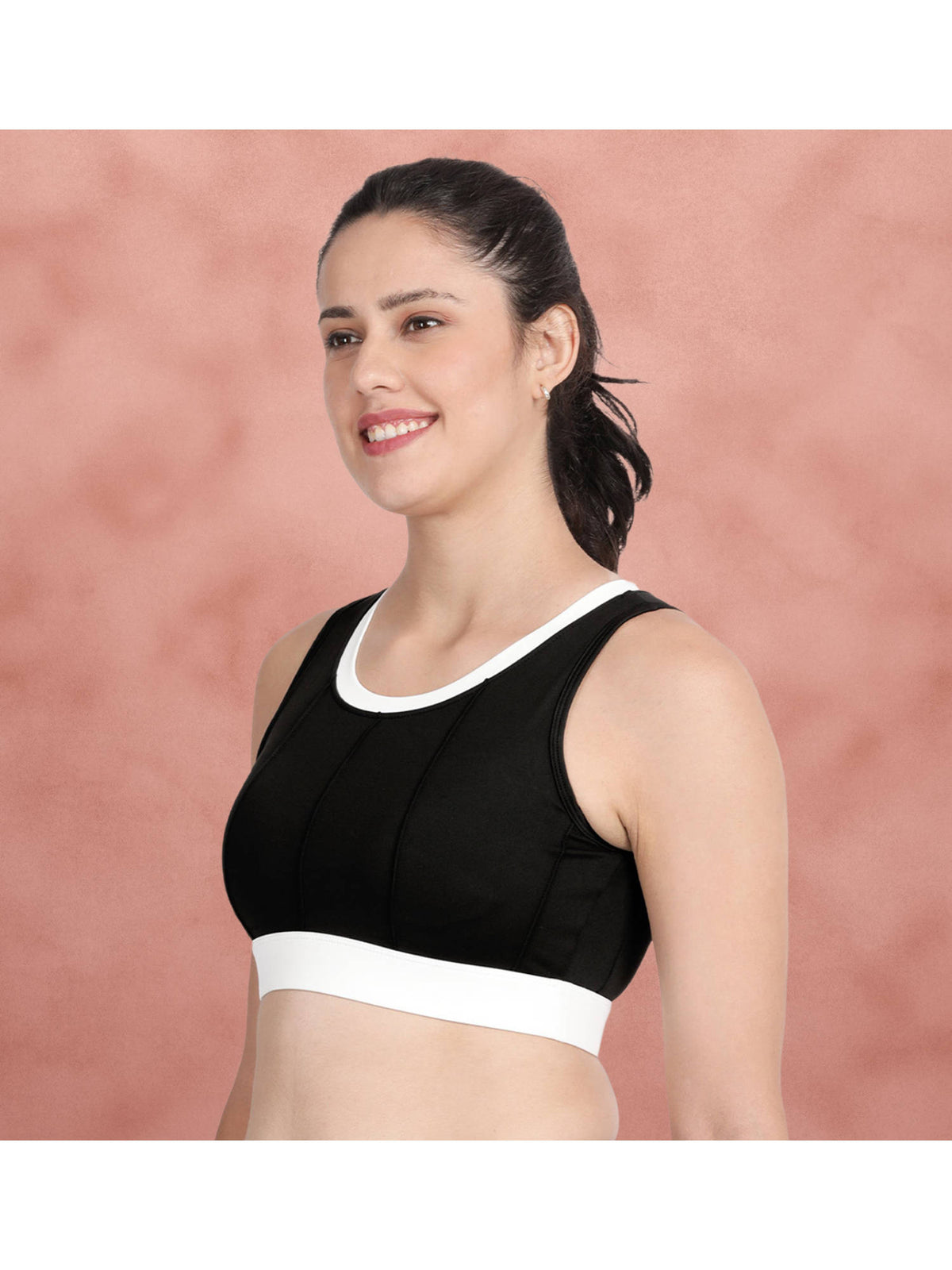 Black Medium Impact Round Neck Contrast Padded Sports Bra | sb09 - view 3