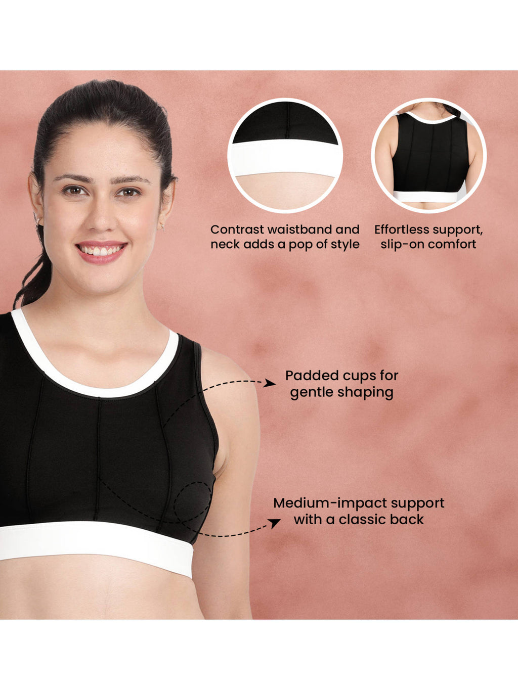 Black Medium Impact Round Neck Contrast Padded Sports Bra | sb09 - view 5