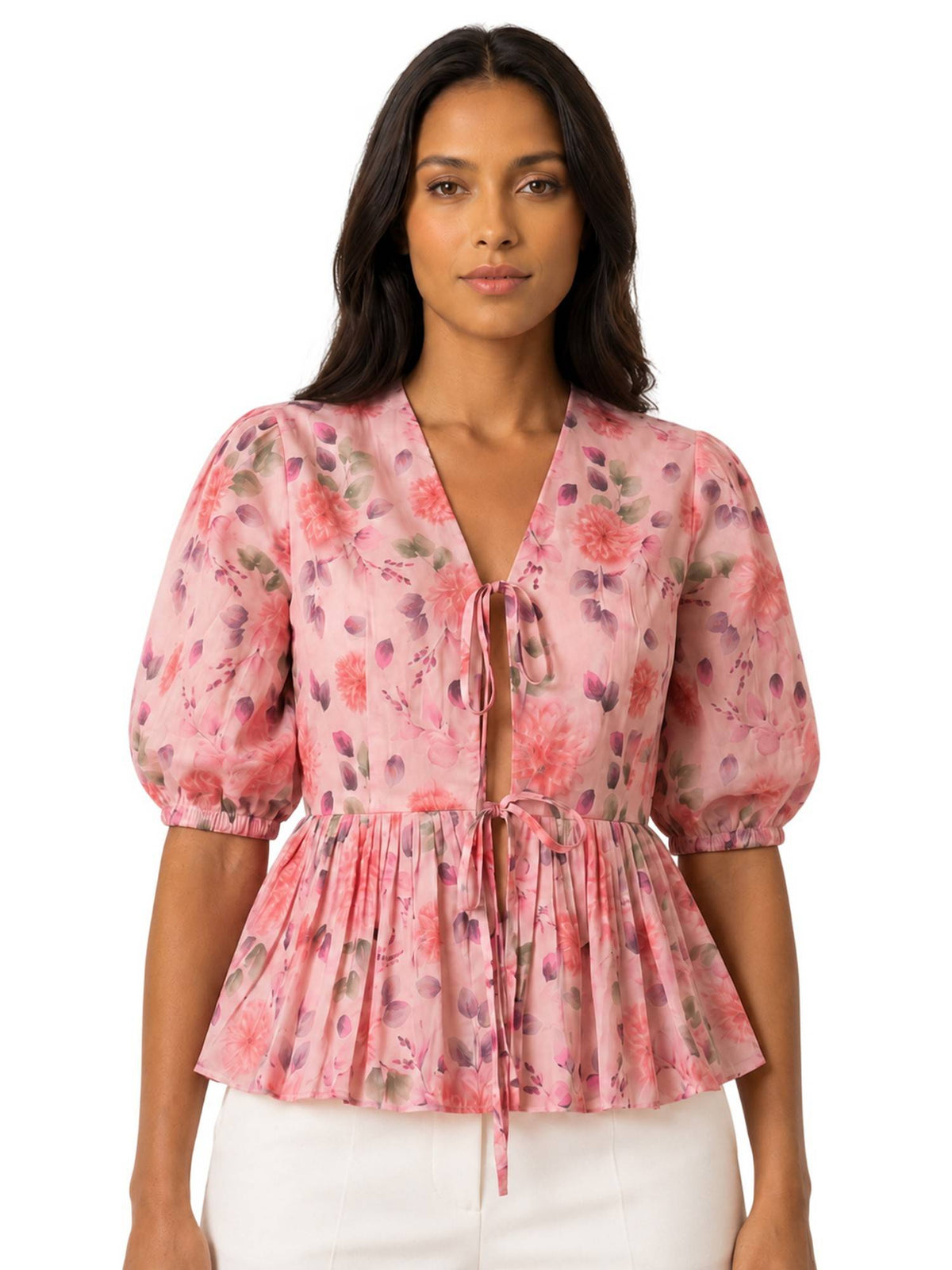 Pink Women's Printed Poplin Peplum Top | pt51 - view 1