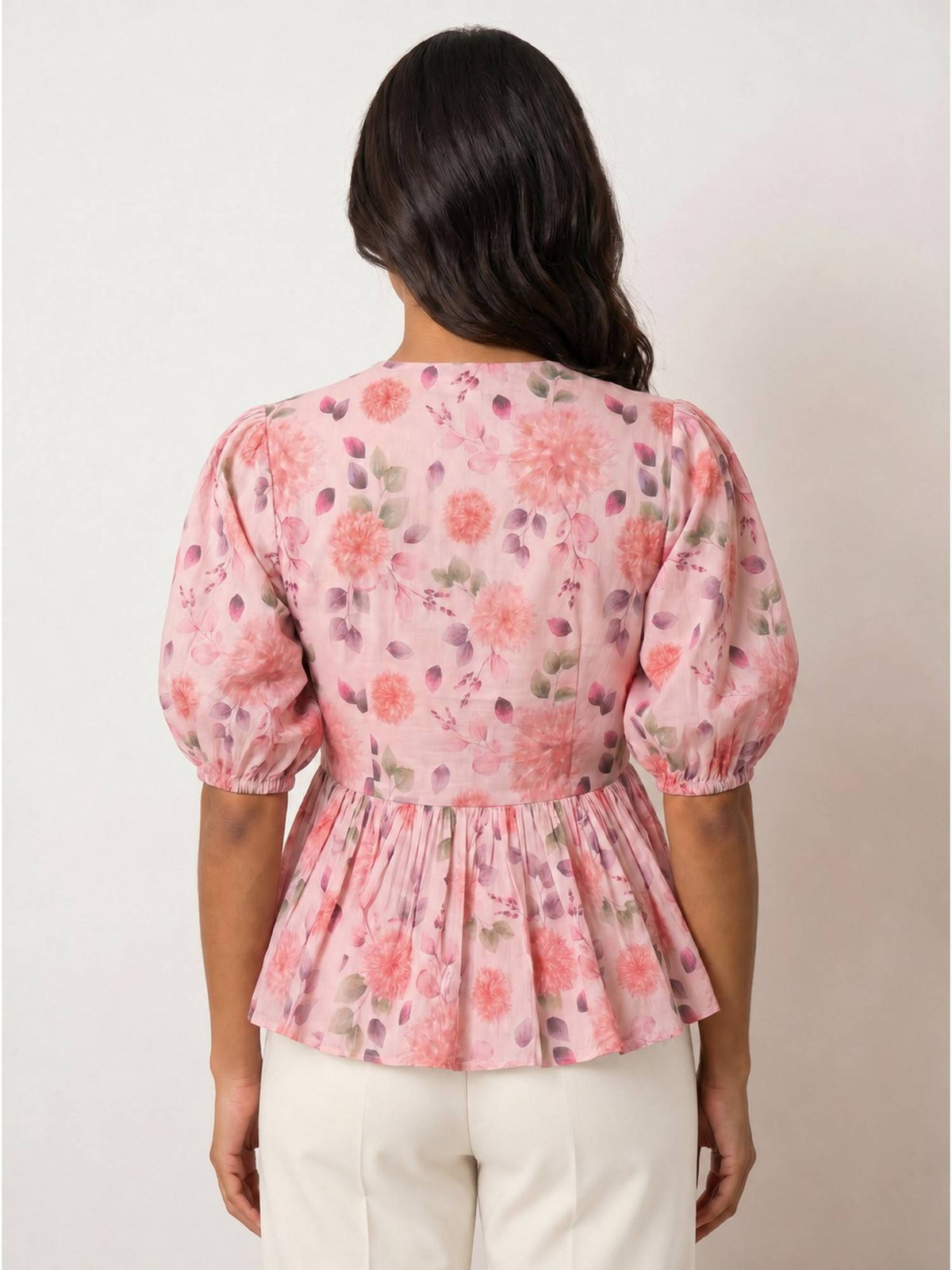 Pink Women's Printed Poplin Peplum Top | pt51 - view 2
