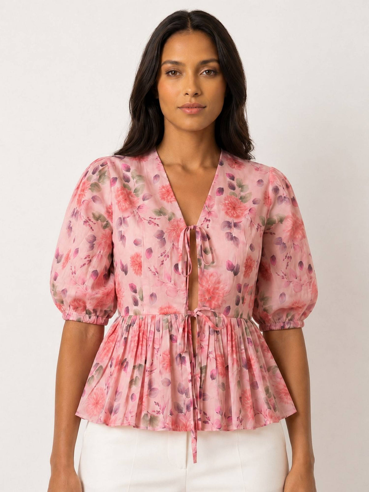 Pink Women's Printed Poplin Peplum Top | pt51 - view 3