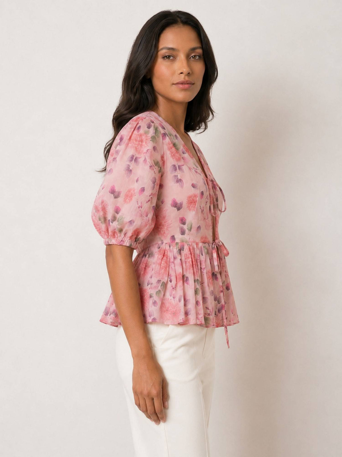 Pink Women's Printed Poplin Peplum Top | pt51 - view 5