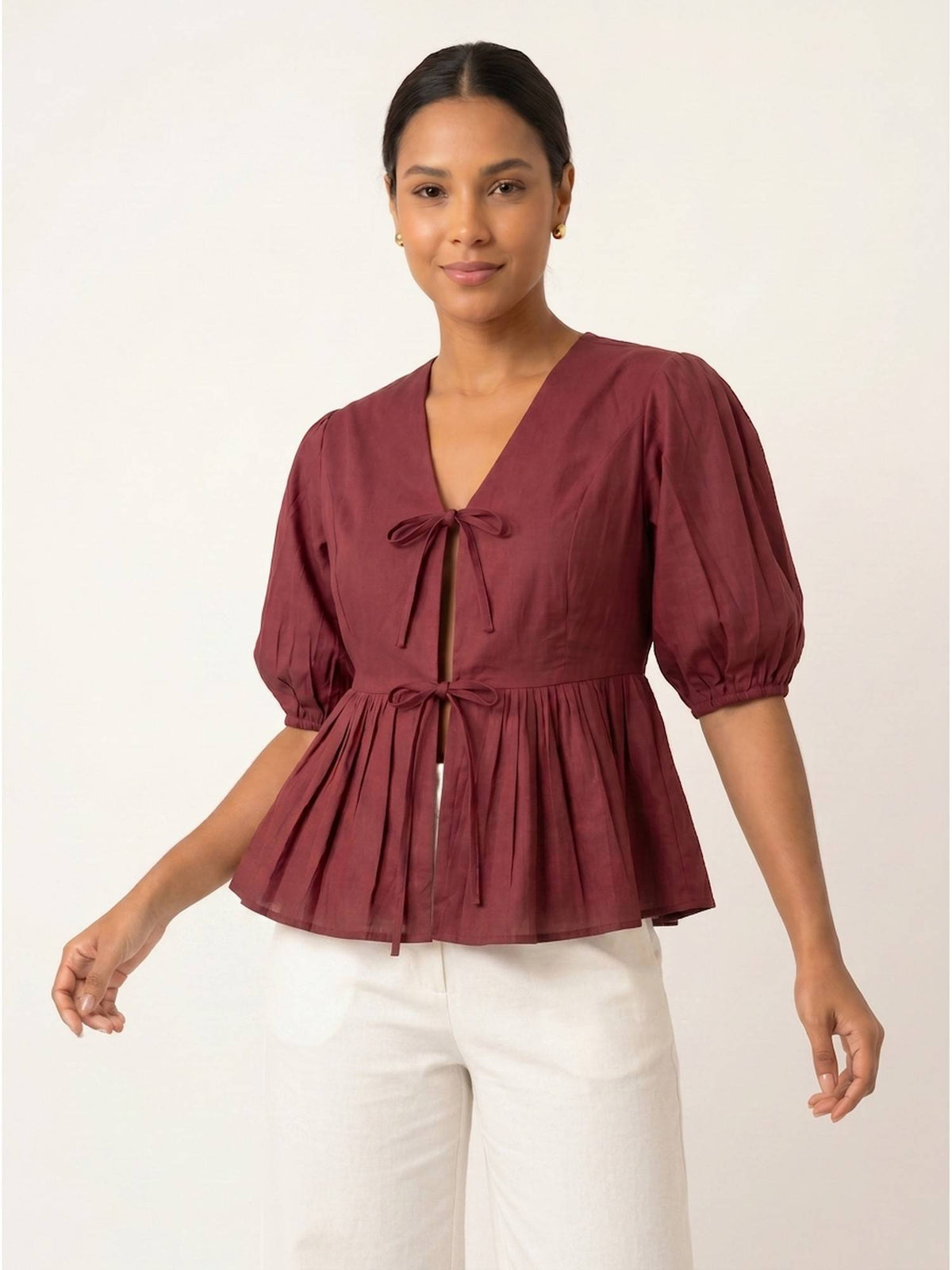 Maroon Women's Cotton Poplin Peplum Top | pt51 - view 5