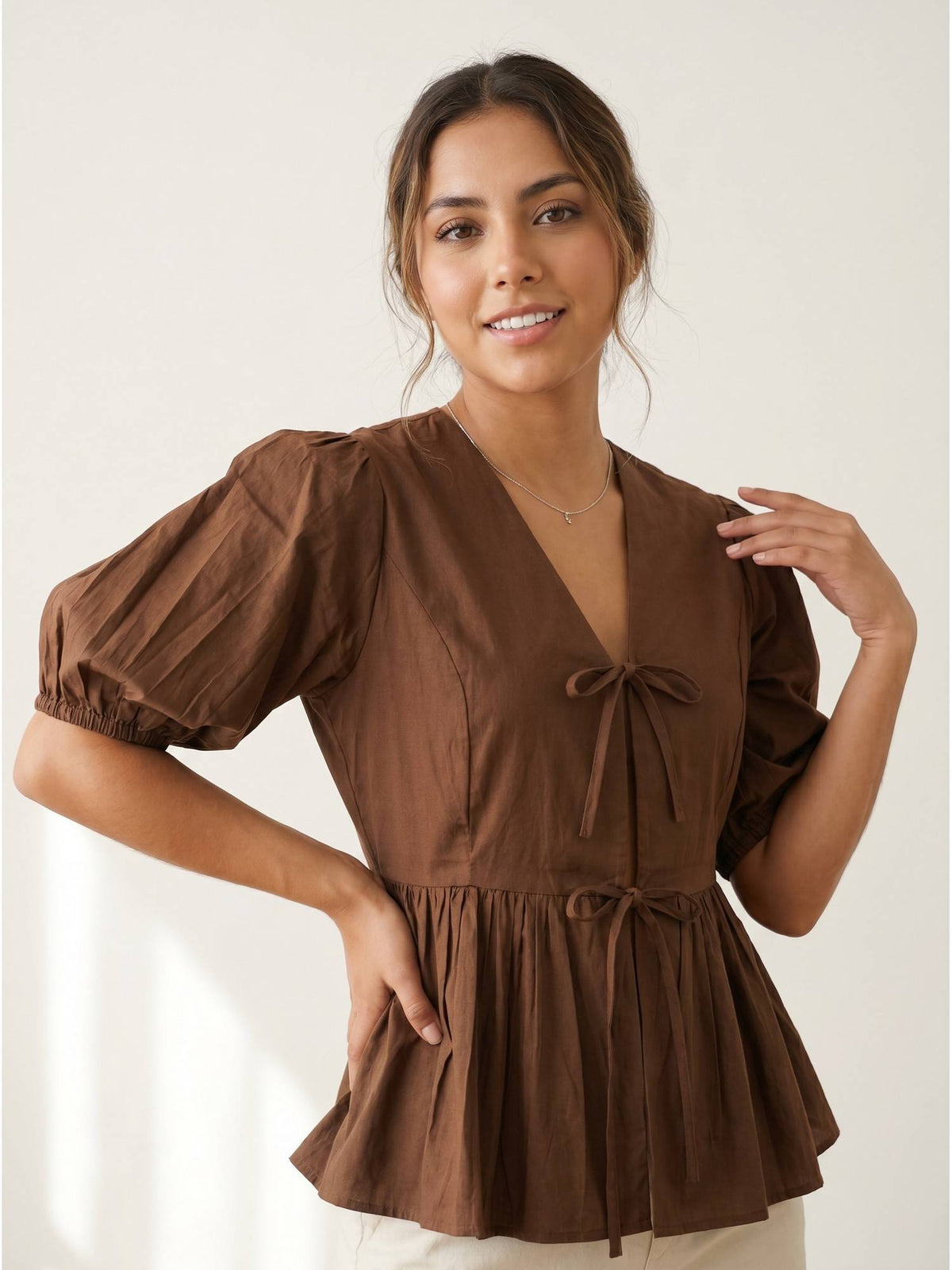 Brown Women's Cotton Poplin Peplum Top | pt51 - view 2