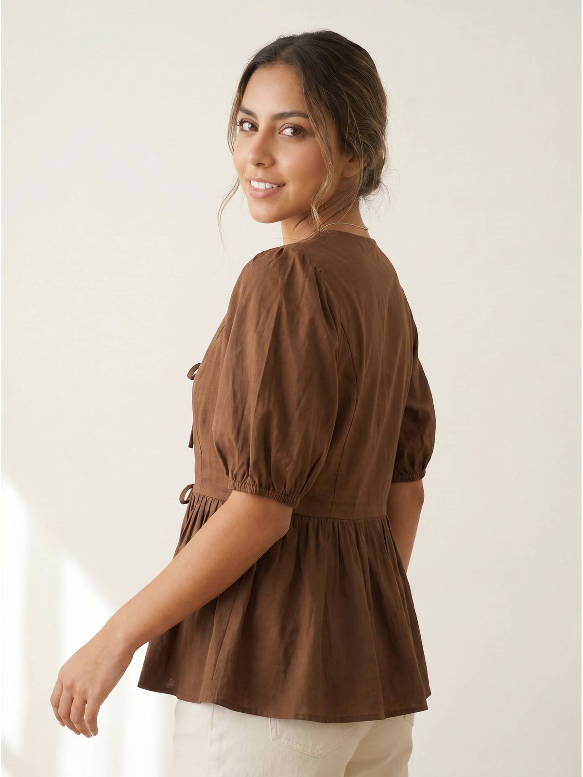 Brown Women's Cotton Poplin Peplum Top | pt51 - view 5