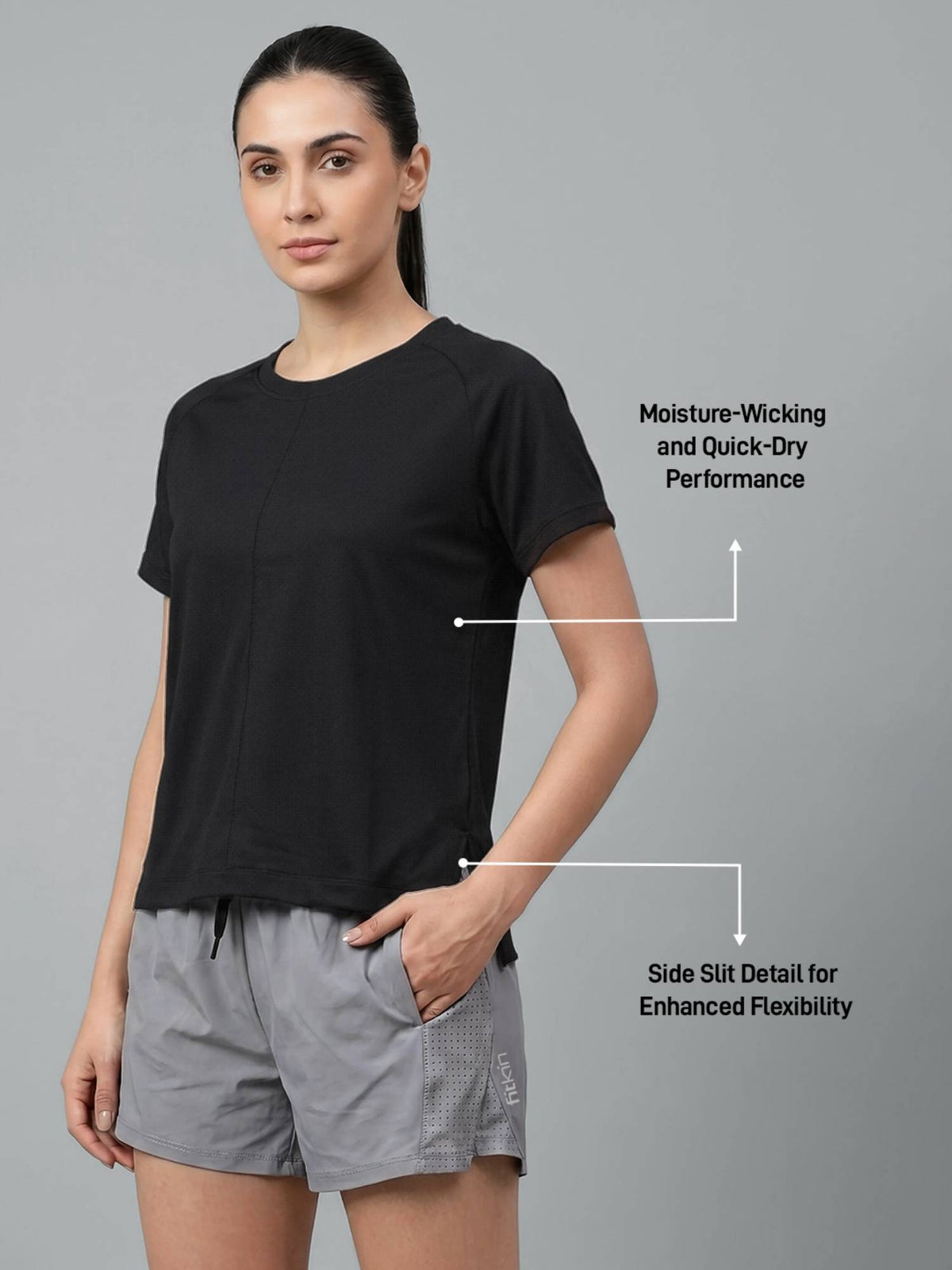 Women’S Black Gym Active T-Shirt with Side Slit | TT89 - view 3
