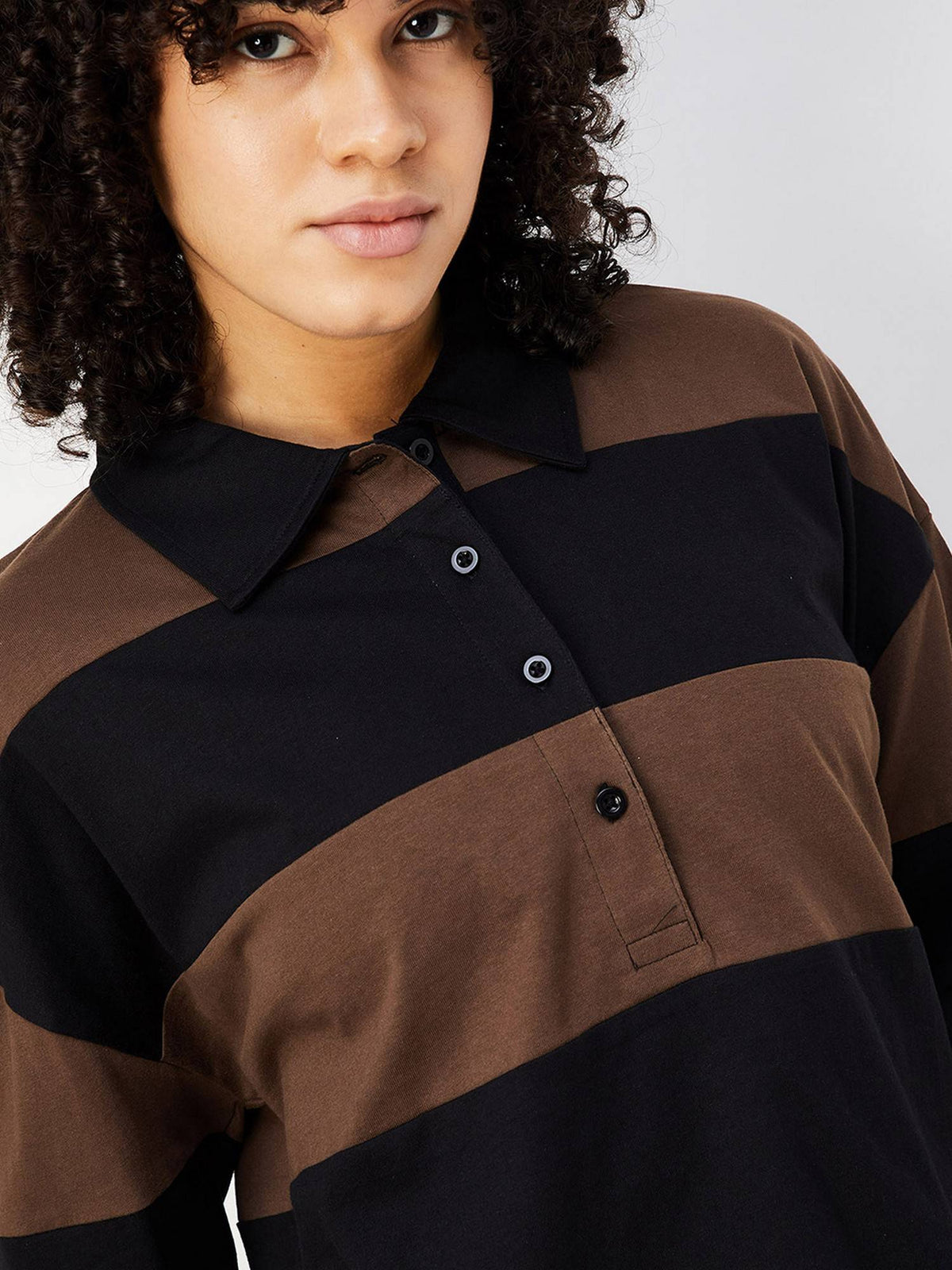 Women Brown Cotton Stripes Regular Polo T-Shirt | PW43 - view 2