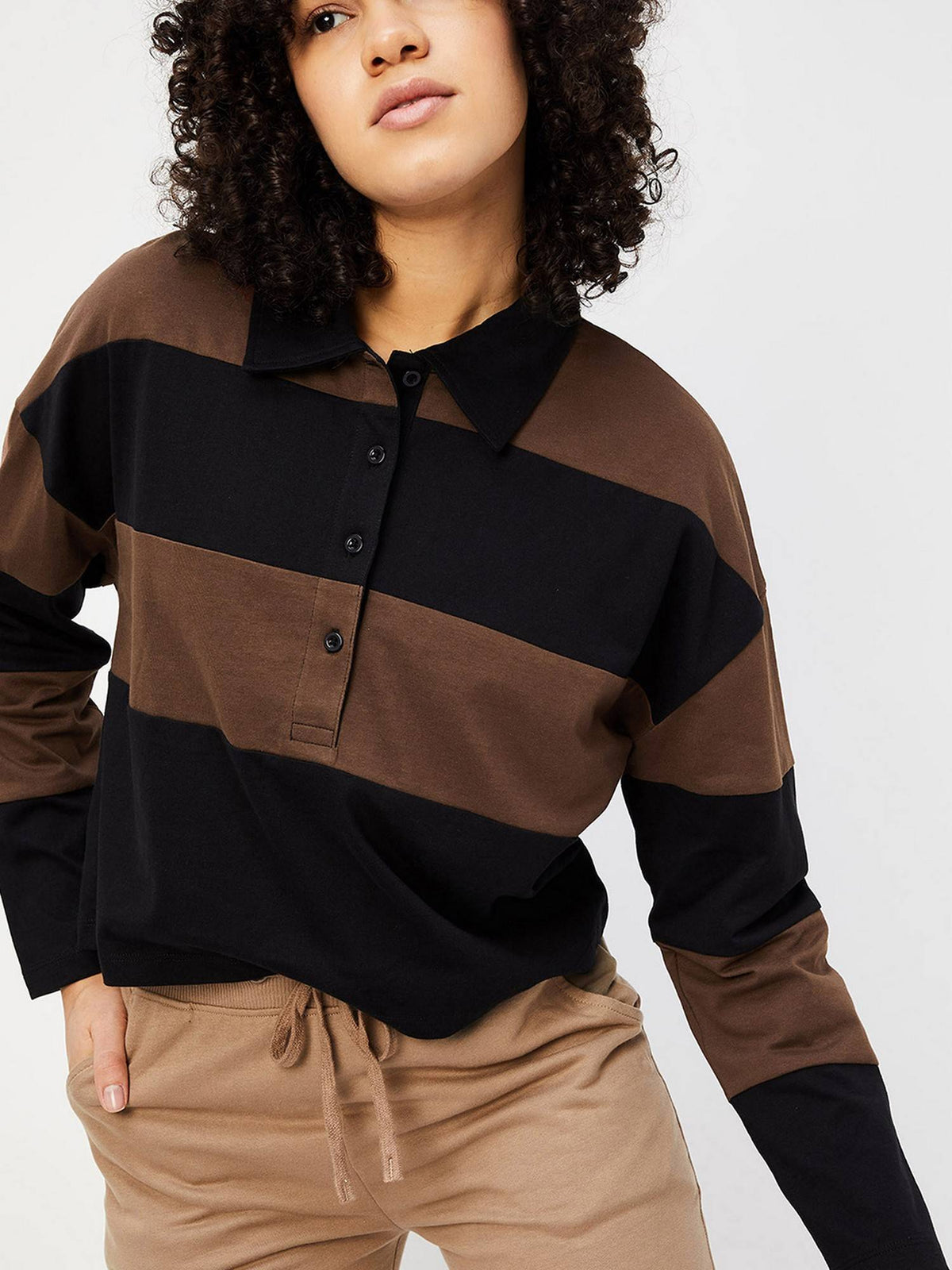 Women Brown Cotton Stripes Regular Polo T-Shirt | PW43 - view 3