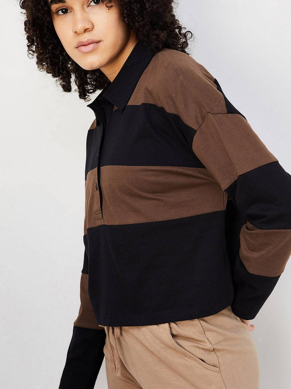 Women Brown Cotton Stripes Regular Polo T-Shirt | PW43 - view 4