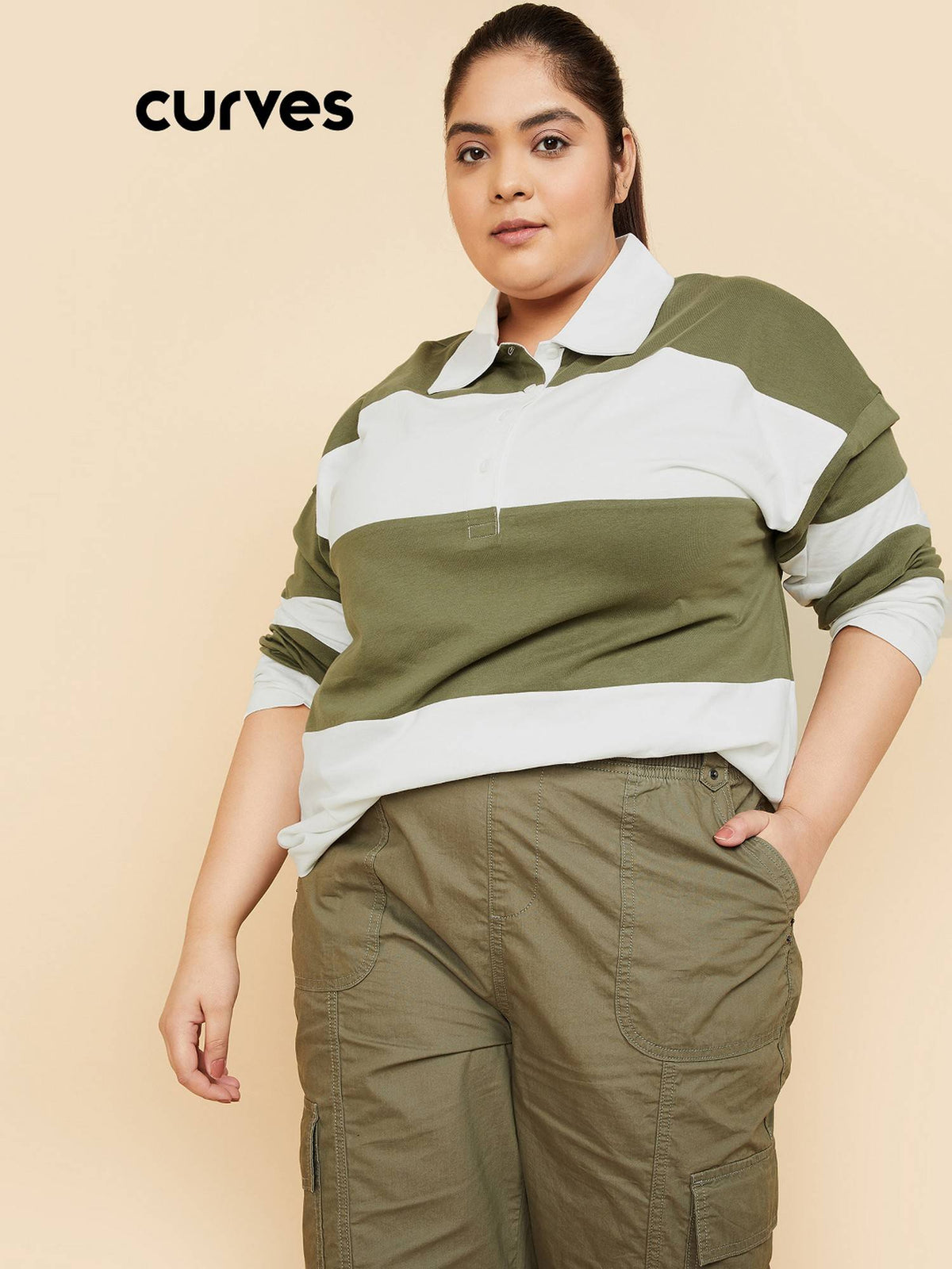 Women Green Cotton Stripes Polo T-Shirt | PW43 - view 1