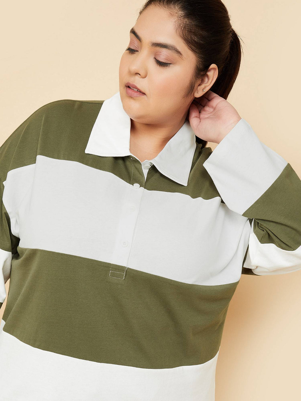 Women Green Cotton Stripes Polo T-Shirt | PW43 - view 2