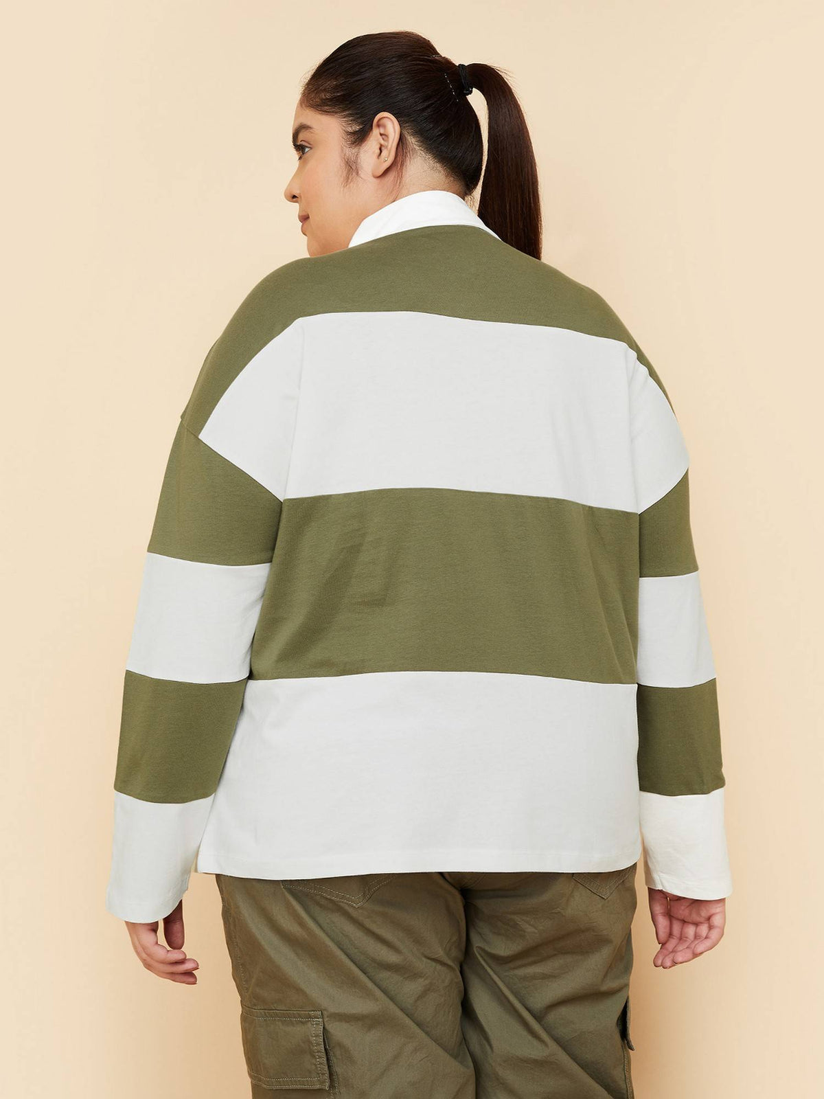 Women Green Cotton Stripes Polo T-Shirt | PW43 - view 3