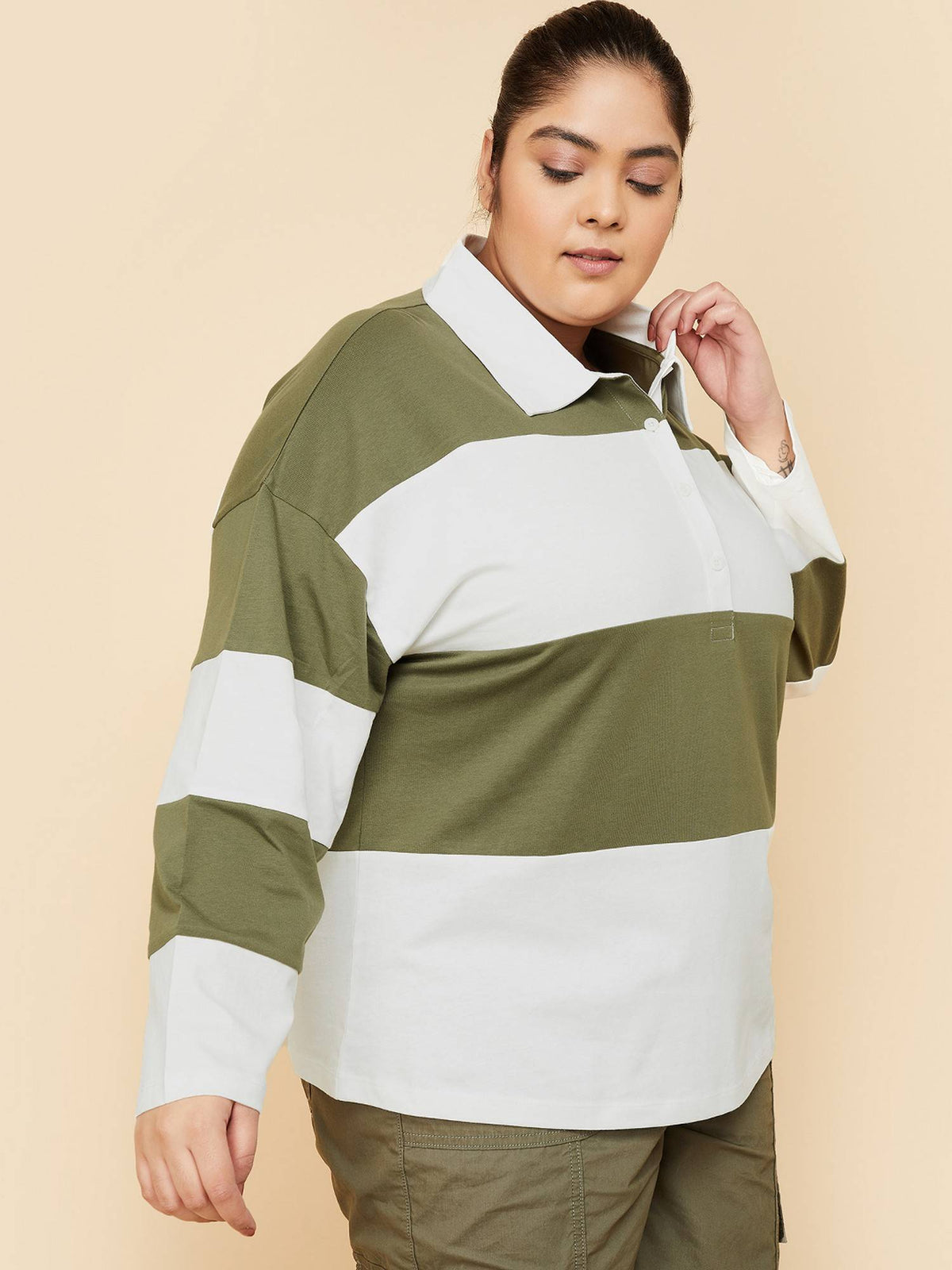 Women Green Cotton Stripes Polo T-Shirt | PW43 - view 5
