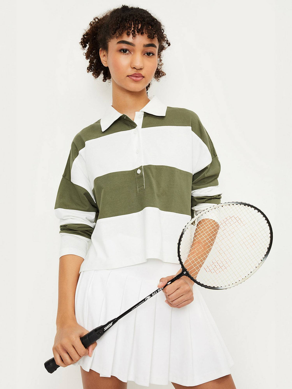 Women Green Cotton Stripes Regular Polo T-Shirt | PW43 - view 1