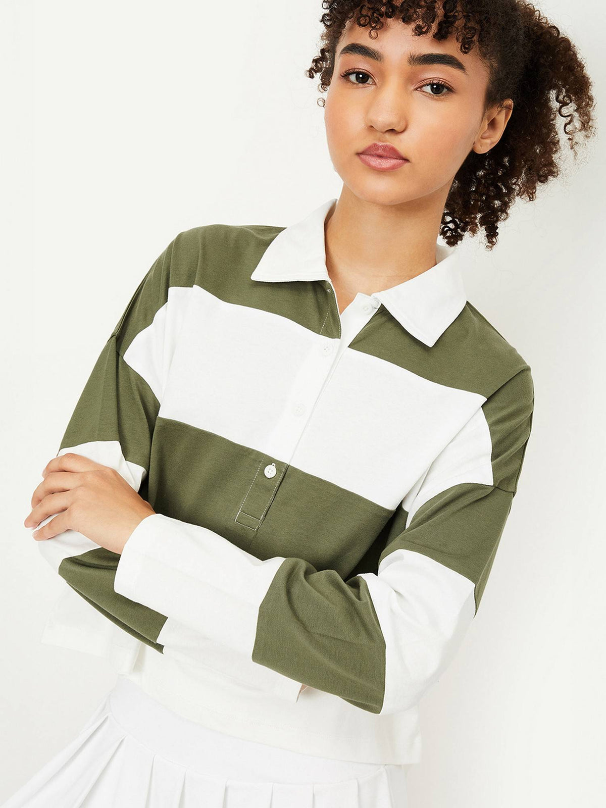 Women Green Cotton Stripes Regular Polo T-Shirt | PW43 - view 2
