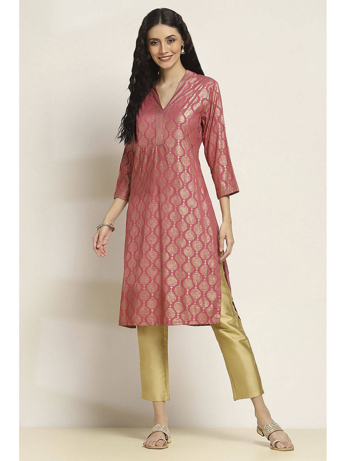 Women Pink Viscose Blend Printed Straight Kurta | FY93 - view 1