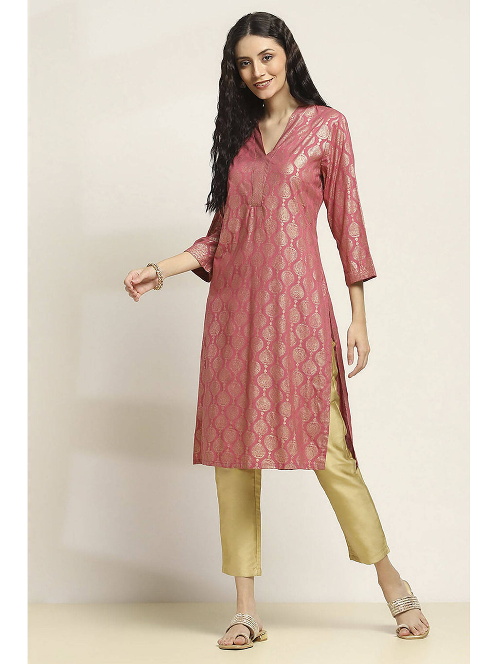 Women Pink Viscose Blend Printed Straight Kurta | FY93 - view 3