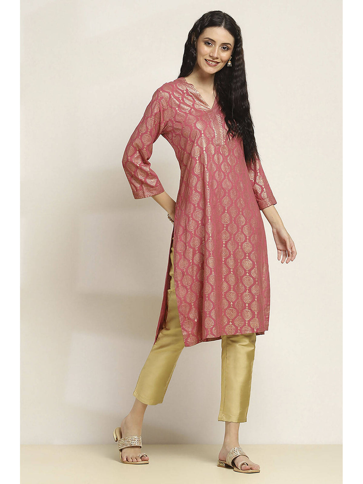Women Pink Viscose Blend Printed Straight Kurta | FY93 - view 5
