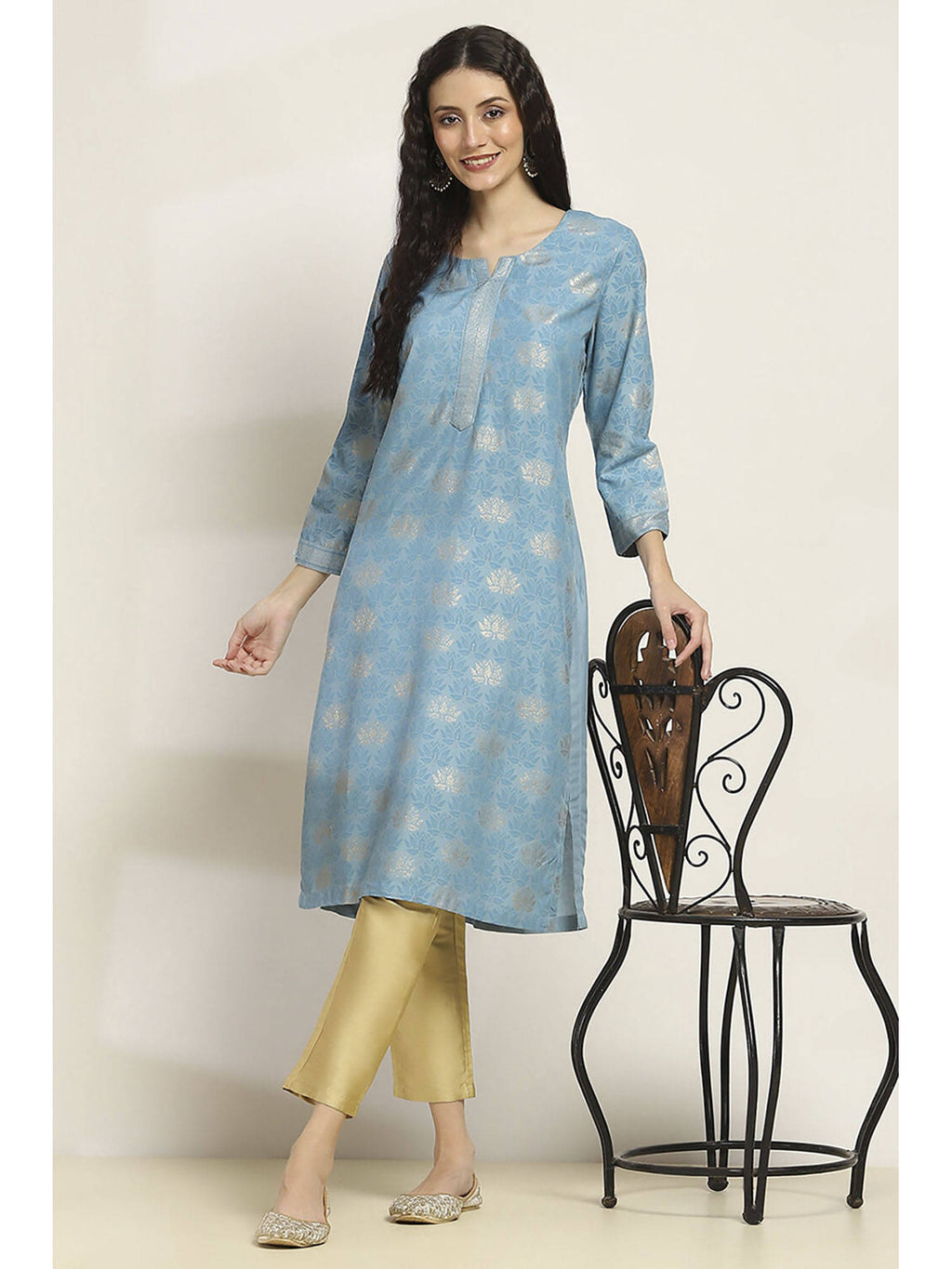 Women Blue Viscose Rayon Printed Straight Kurta | FY93 - view 1