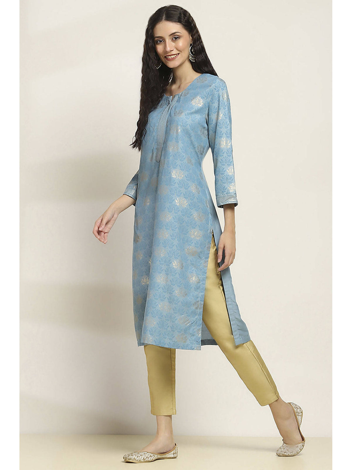 Women Blue Viscose Rayon Printed Straight Kurta | FY93 - view 3