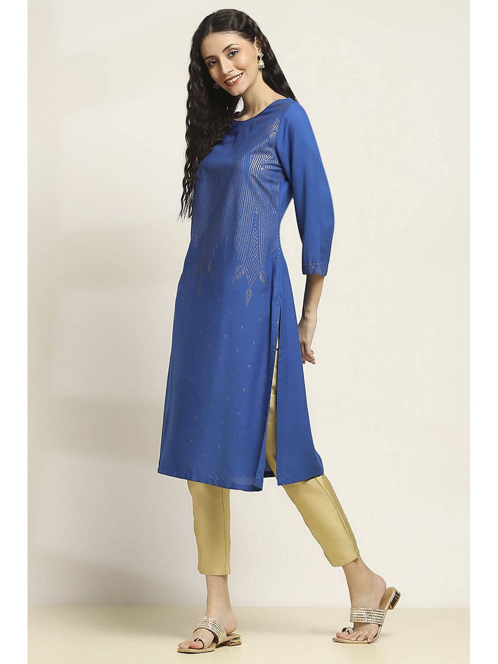 Women Blue Viscose Rayon Printed Straight Kurta | U3S - view 3