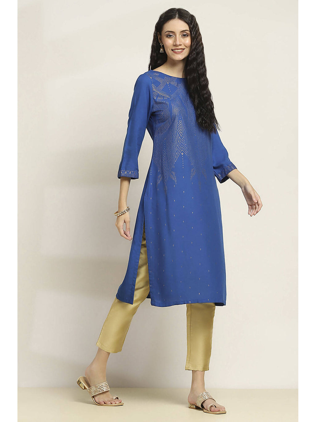 Women Blue Viscose Rayon Printed Straight Kurta | FY93 - view 5