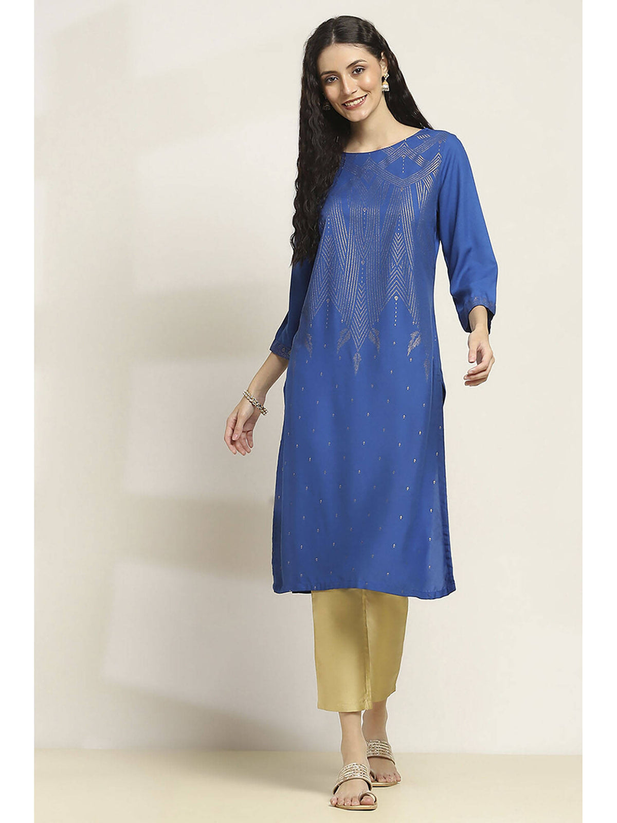 Women Blue Viscose Rayon Printed Straight Kurta | FY93 - view 6