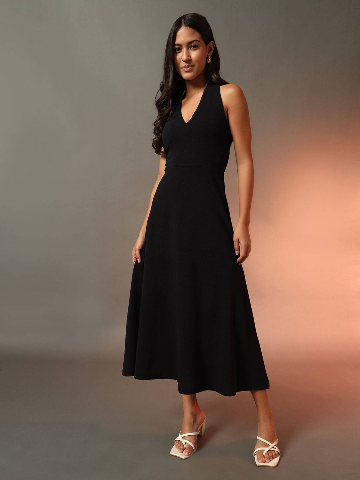 Women Black Solid Midi Dress | D56 - view 1