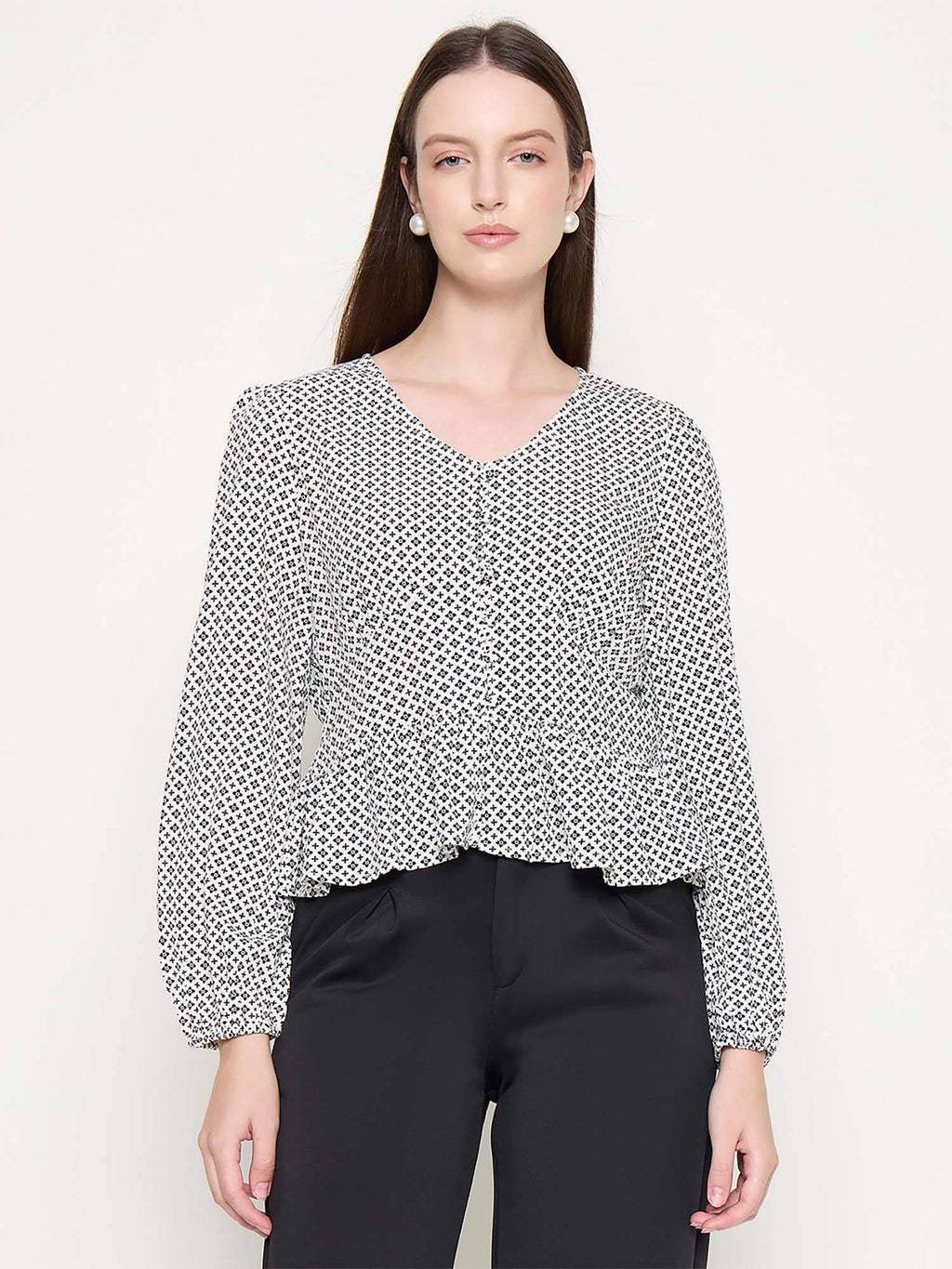 All Over Print Black Peplum Top | pt51 - view 1