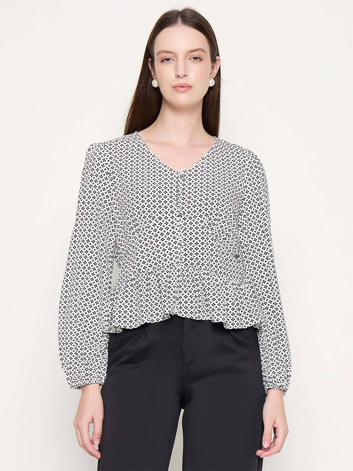 All Over Print Black Peplum Top | pt51 - view 1