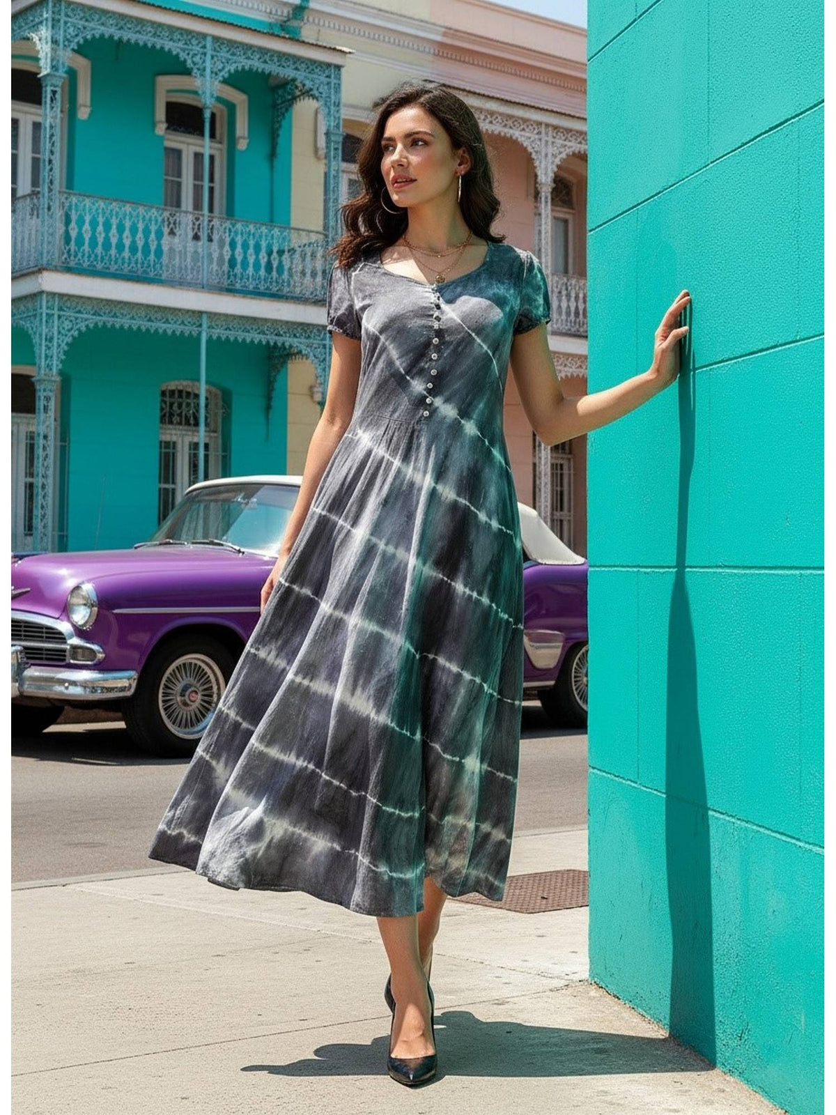 Women's Casual Green Rayon Tie and Dye Flared Dress | D56 - view 18