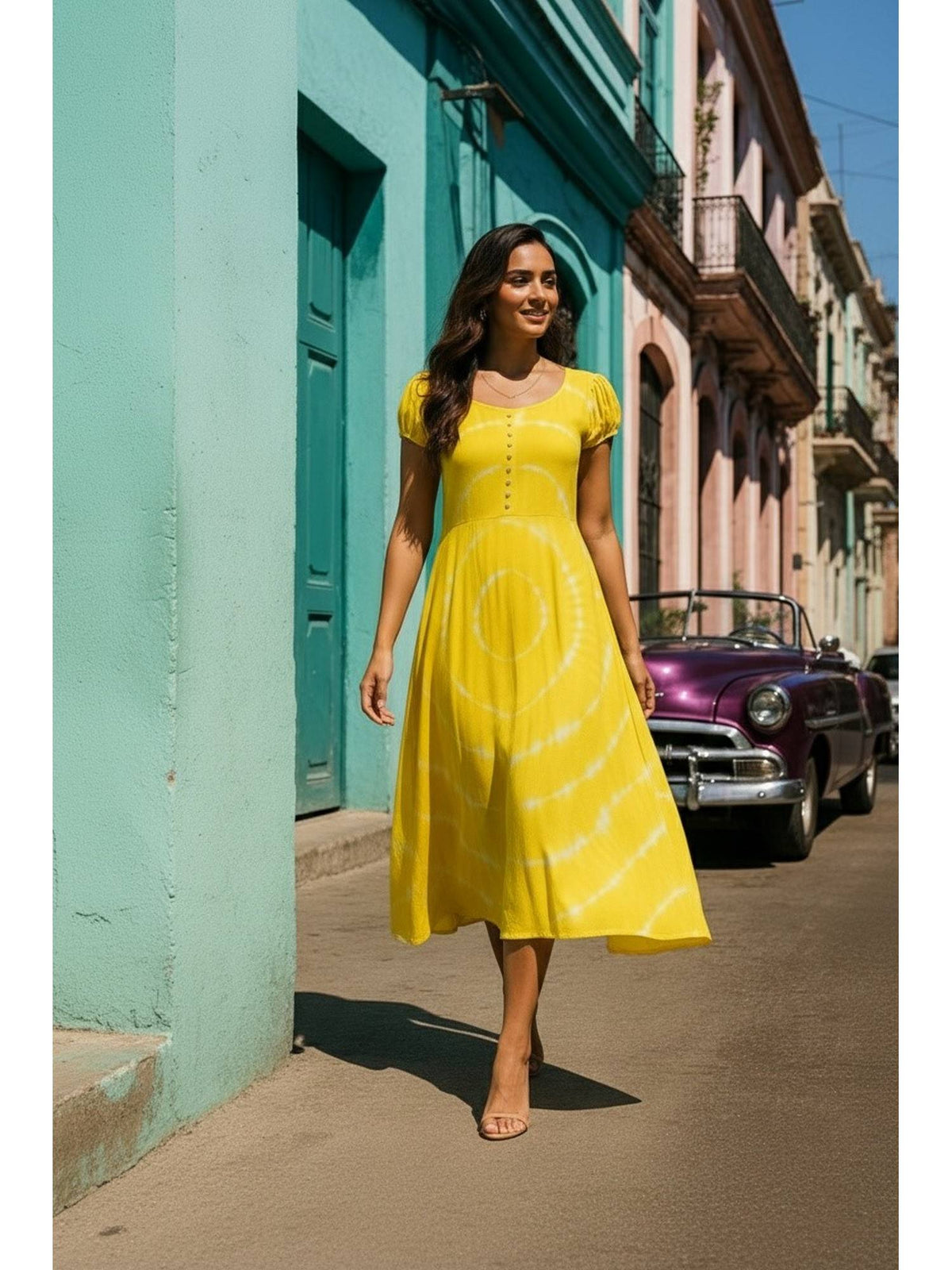 Women's Casual Green Rayon Tie and Dye Flared Dress | D56 - view 37