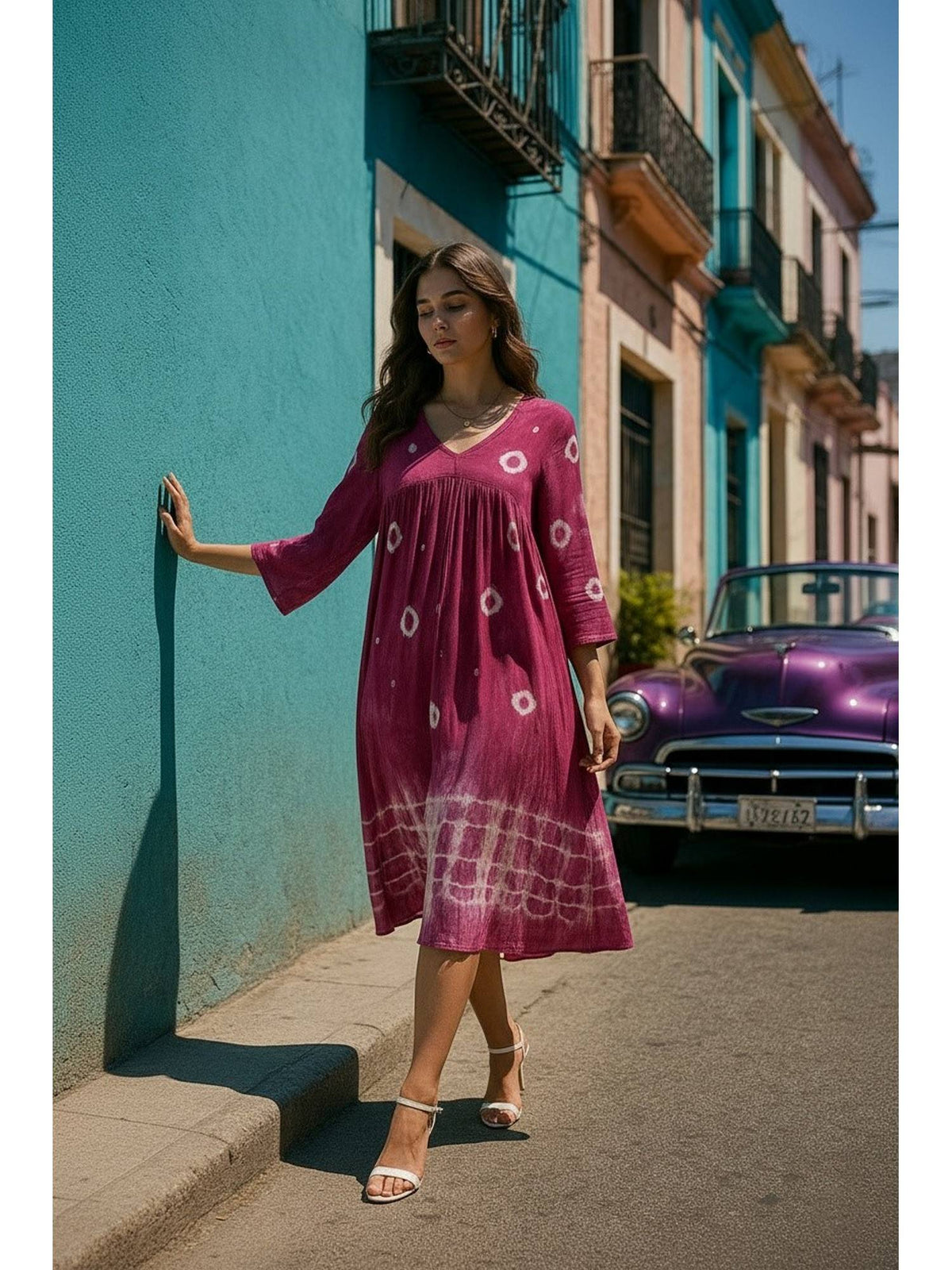 Women's Casual Green Rayon Tie and Dye Flared Dress | D56 - view 25