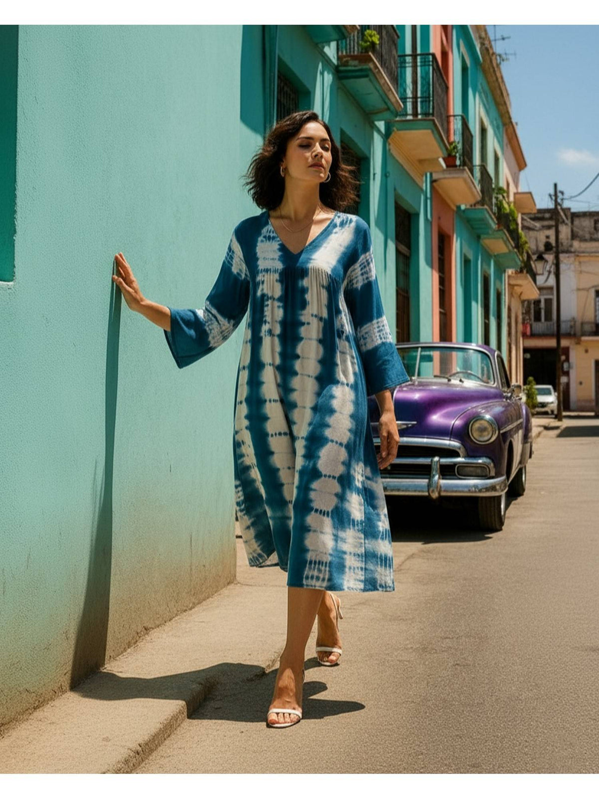 Women's Casual Green Rayon Tie and Dye Flared Dress | D56 - view 43