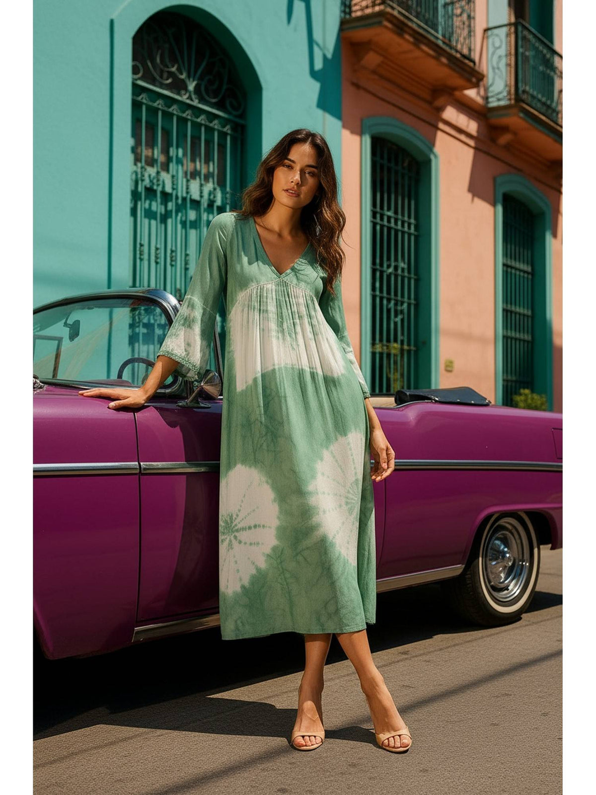 Women's Casual Green Rayon Tie and Dye Flared Dress | D56 - view 1