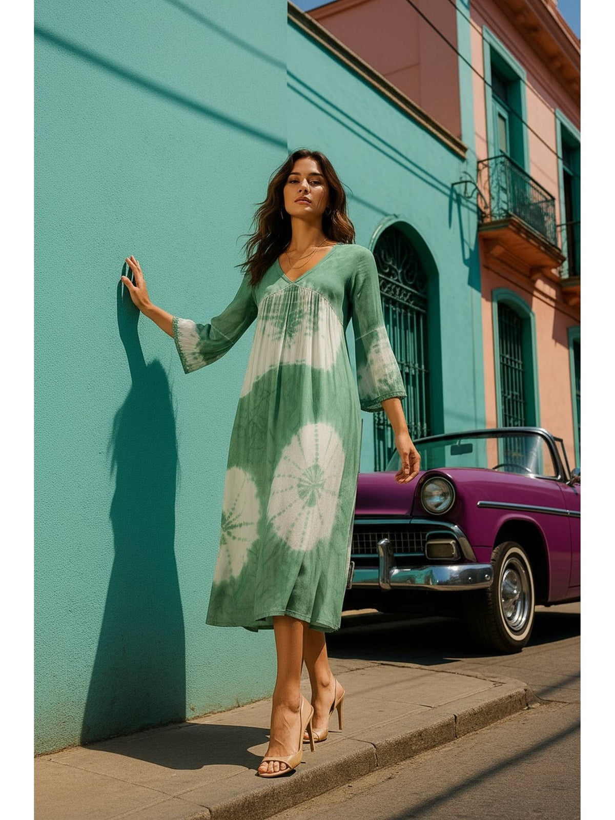 Women's Casual Green Rayon Tie and Dye Flared Dress | D56 - view 2
