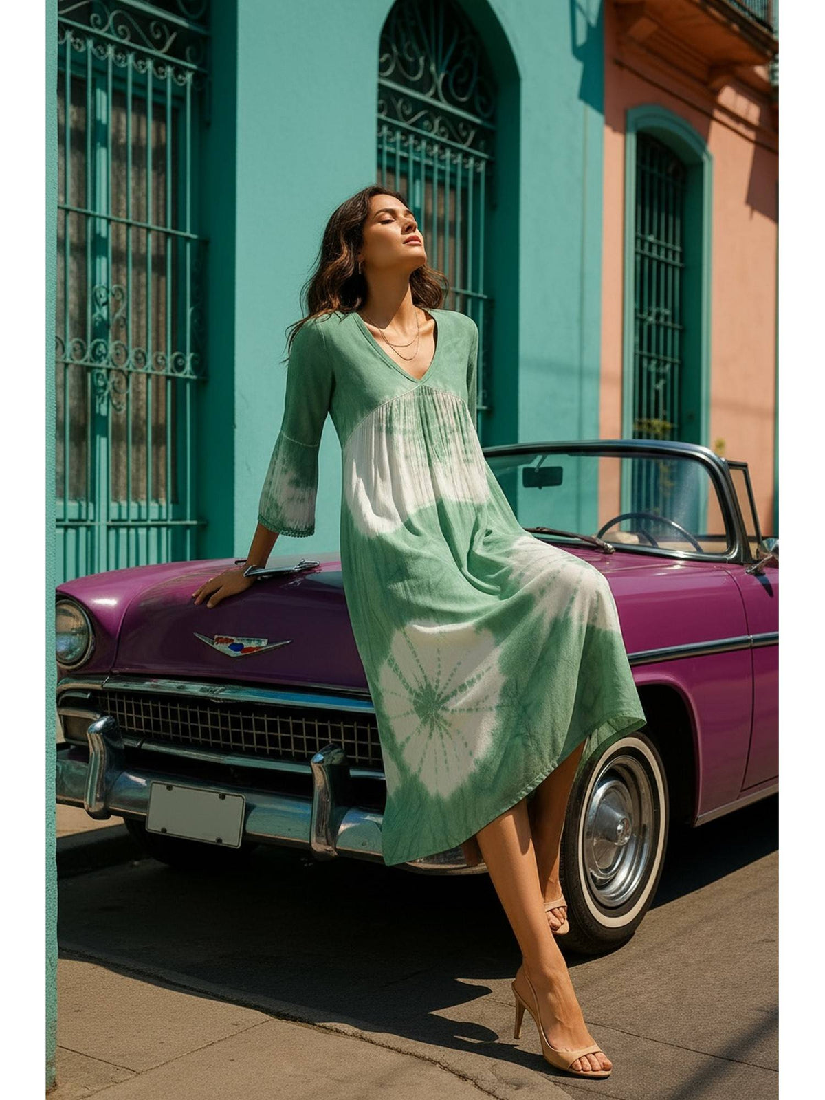 Women's Casual Green Rayon Tie and Dye Flared Dress | D56 - view 3