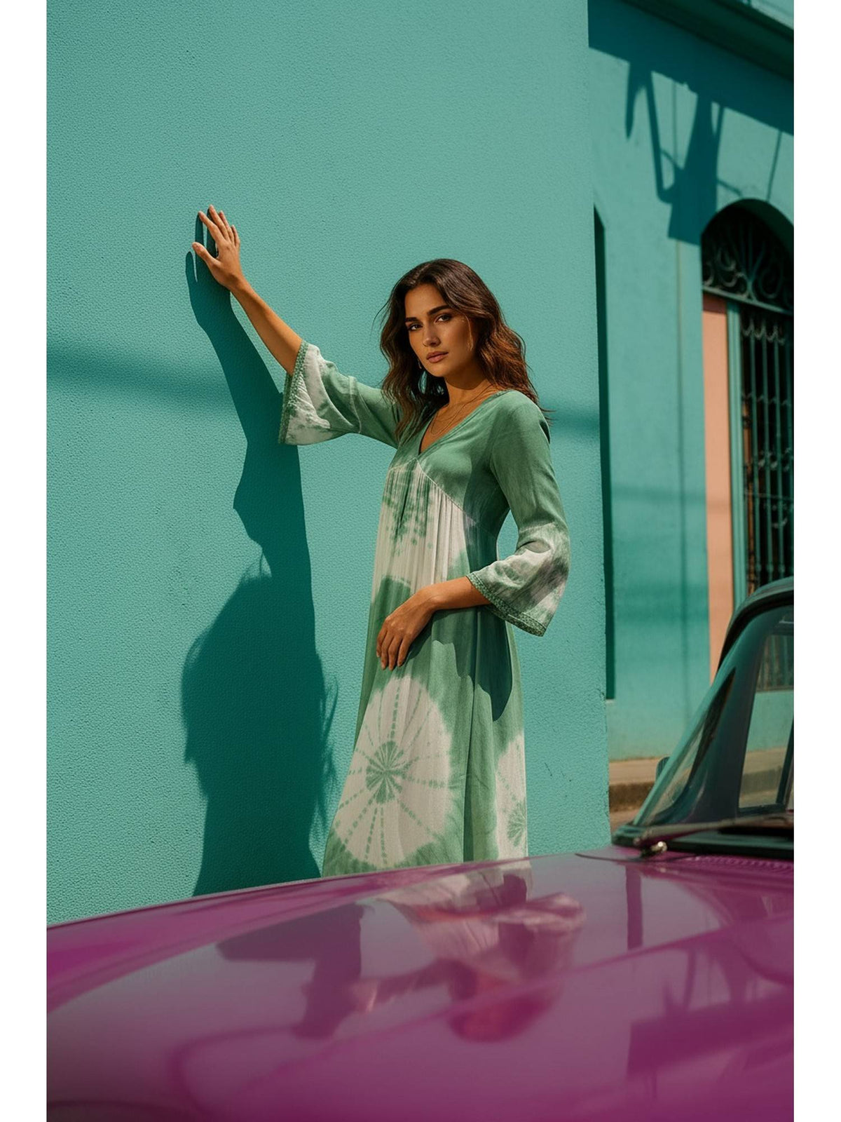 Women's Casual Green Rayon Tie and Dye Flared Dress | D56 - view 4