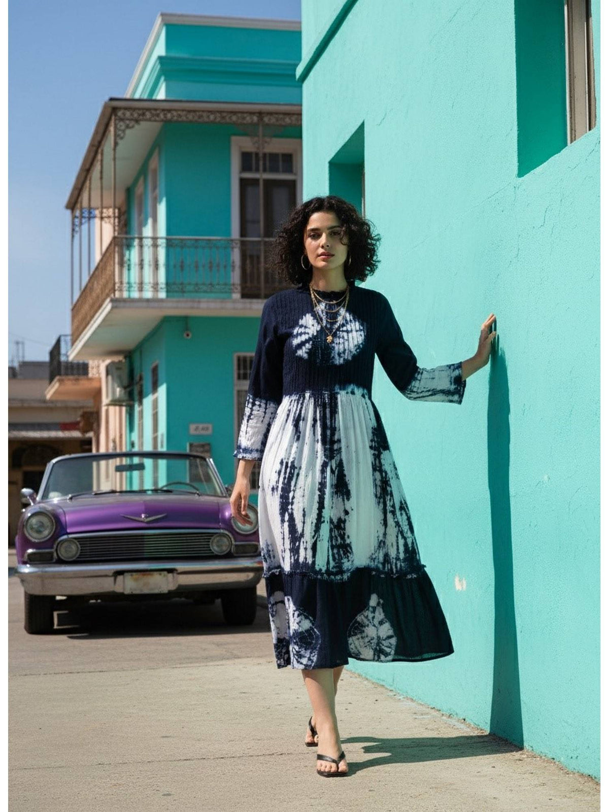 Women's Casual Green Rayon Tie and Dye Flared Dress | D56 - view 30