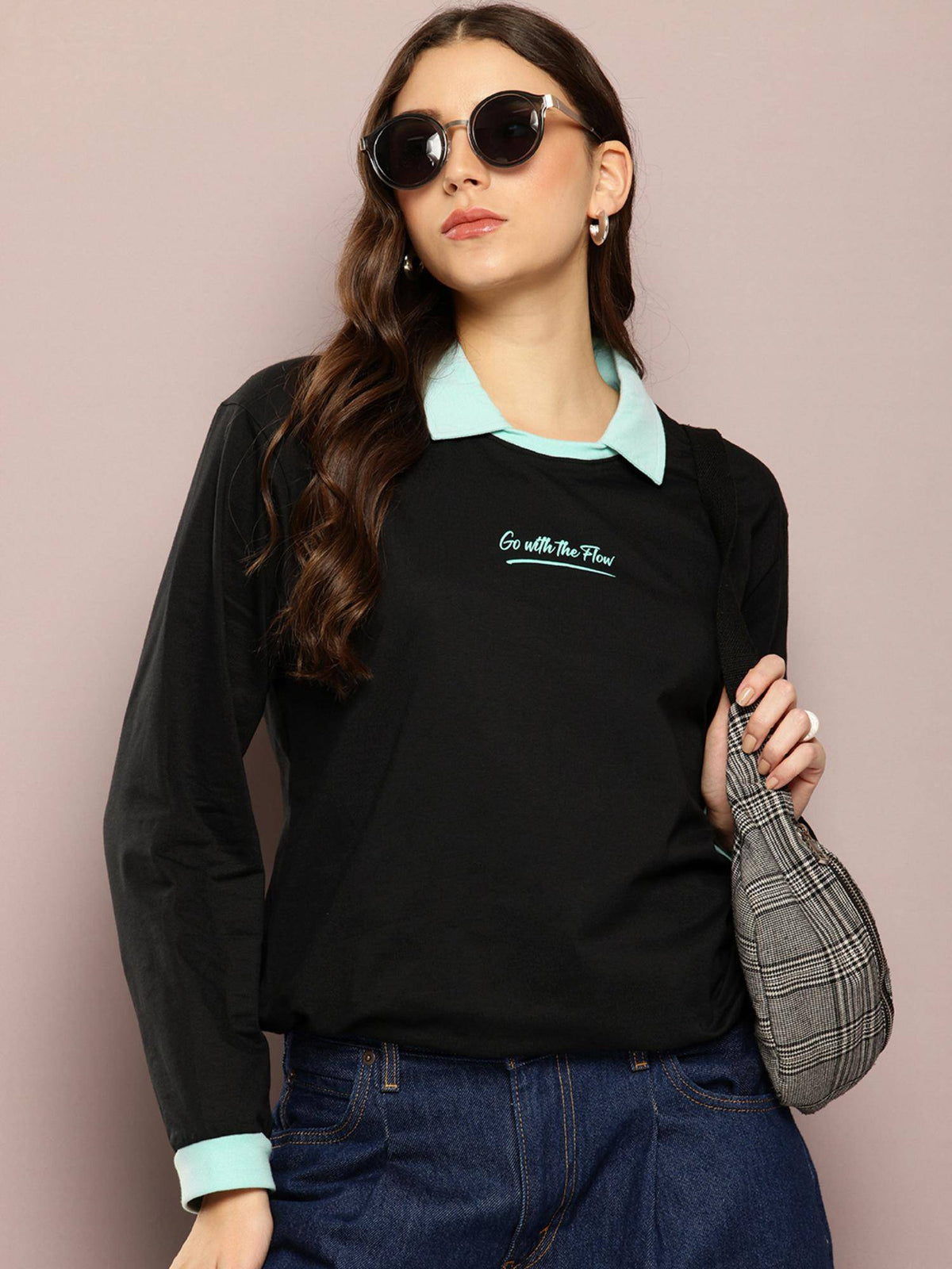Womens Long Sleeve Oversized Polo T-Shirt - Black | PW43 - view 1