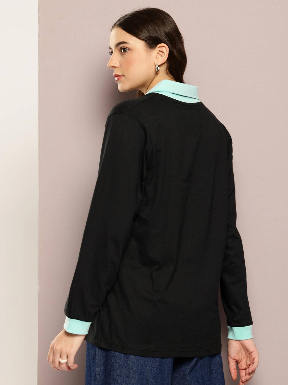 Womens Long Sleeve Oversized Polo T-Shirt - Black | PW43 - view 4