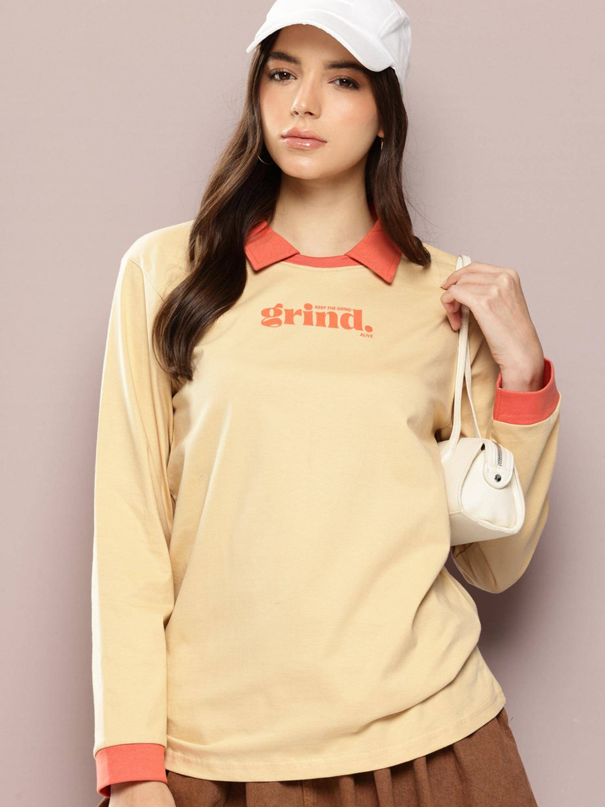 Womens Long Sleeve Oversized Printed Polo T-shirt - Orange | PW43 - view 6