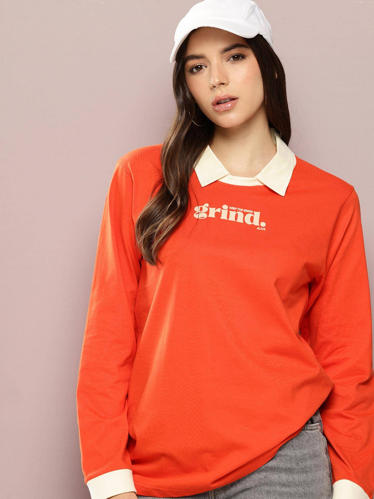 Womens Long Sleeve Oversized Printed Polo T-shirt - Orange | PW43 - view 1