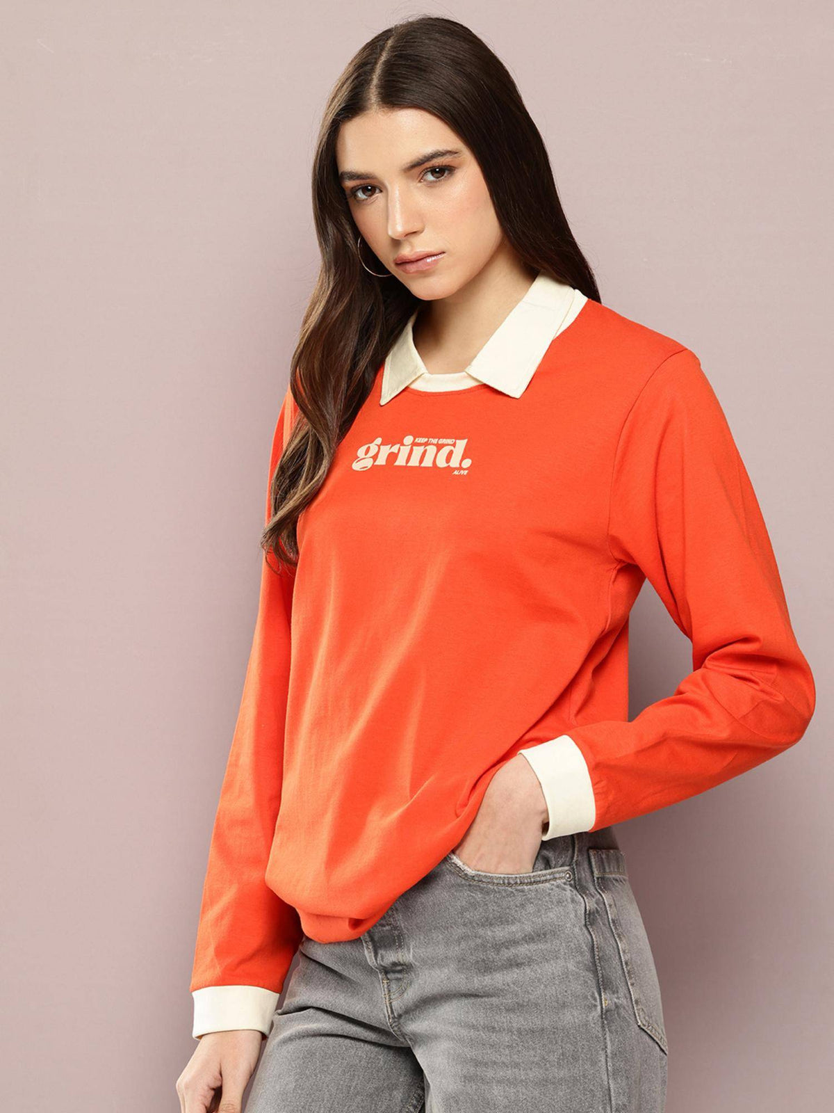 Womens Long Sleeve Oversized Printed Polo T-shirt - Orange | PW43 - view 3