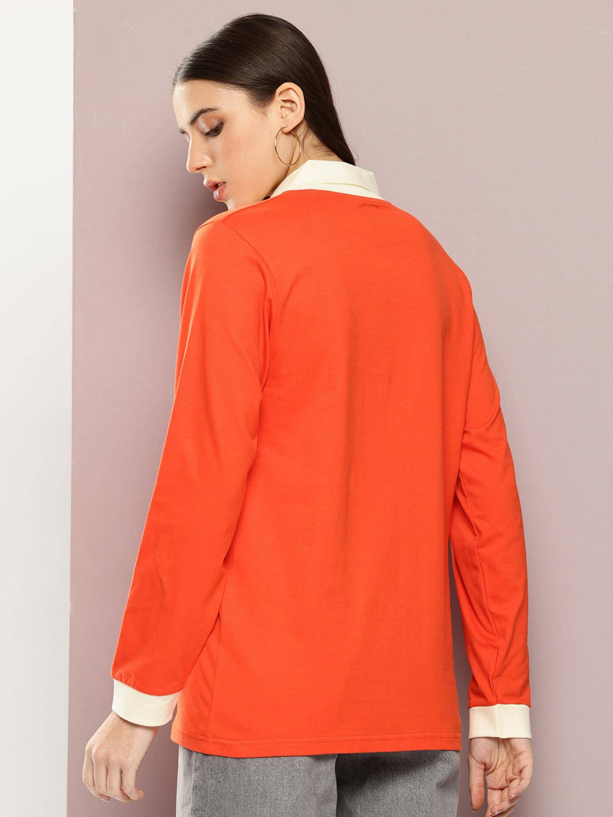 Womens Long Sleeve Oversized Printed Polo T-shirt - Orange | PW43 - view 4