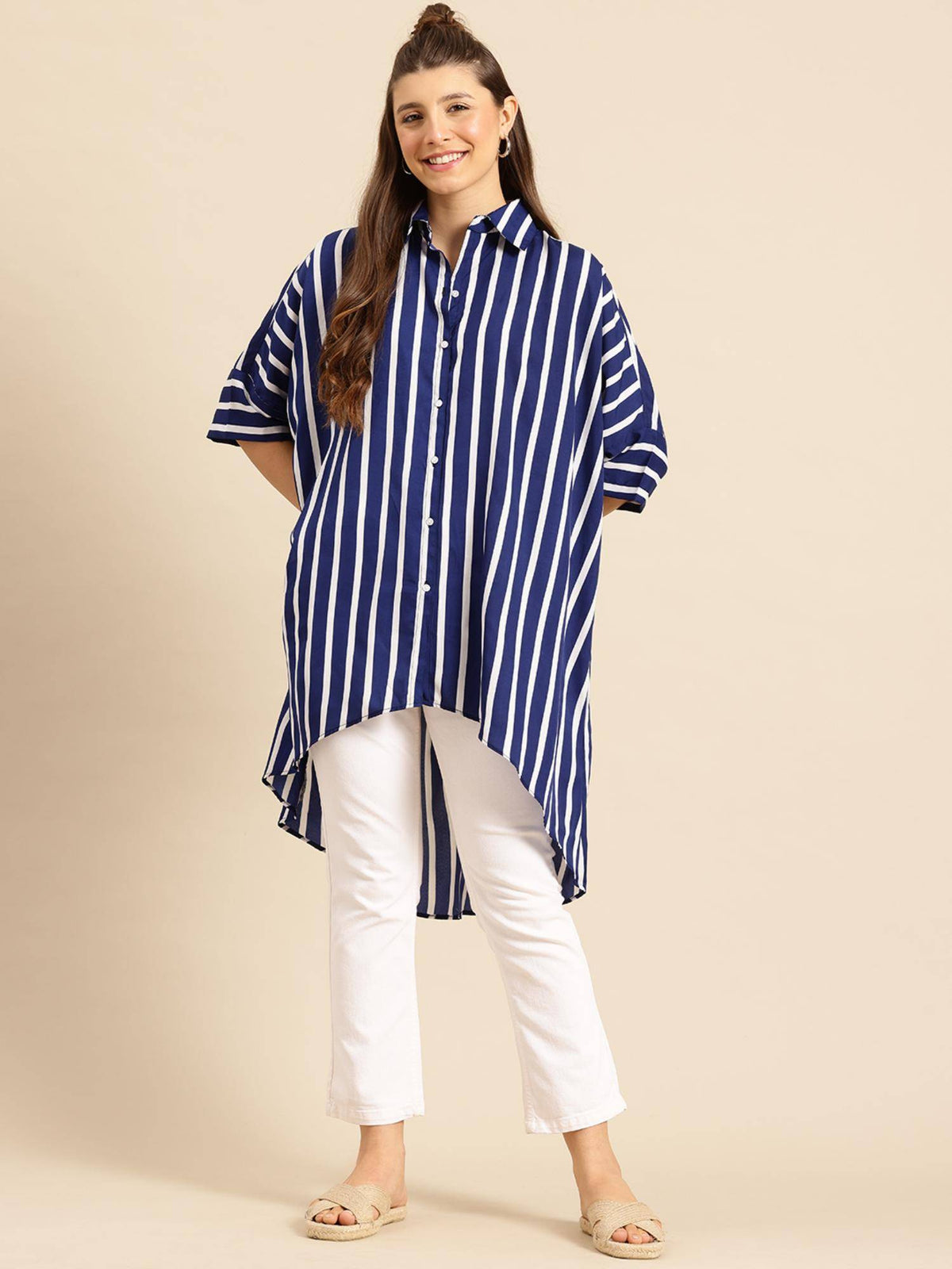Hi-Low Hemline Navy Blue Crepe Loose Fit Shirt | S67 - view 1