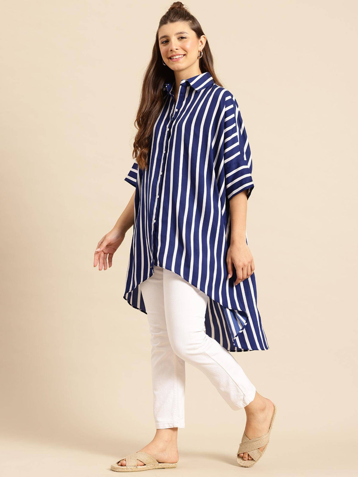 Hi-Low Hemline Navy Blue Crepe Loose Fit Shirt | S67 - view 2