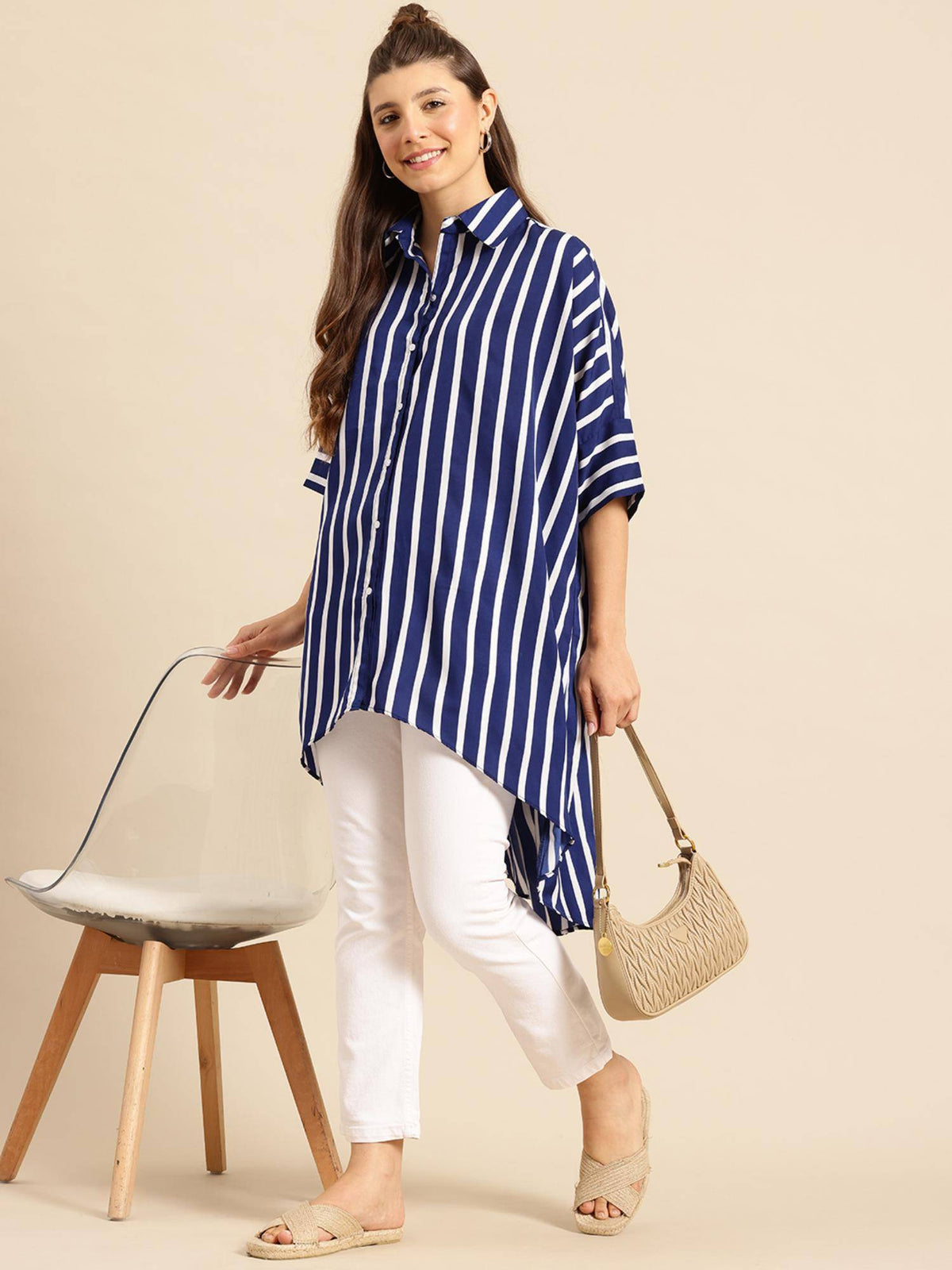 Hi-Low Hemline Navy Blue Crepe Loose Fit Shirt | S67 - view 5