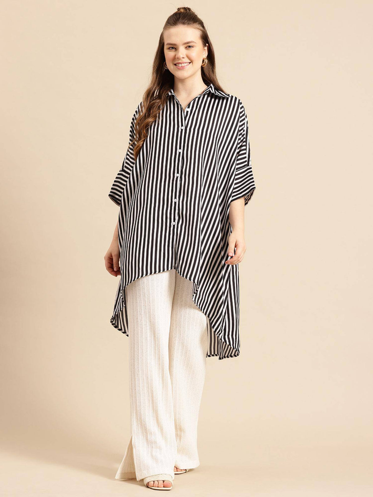 Hi-Low Hemline Black Crepe Loose Fit Shirt | S67 - view 1