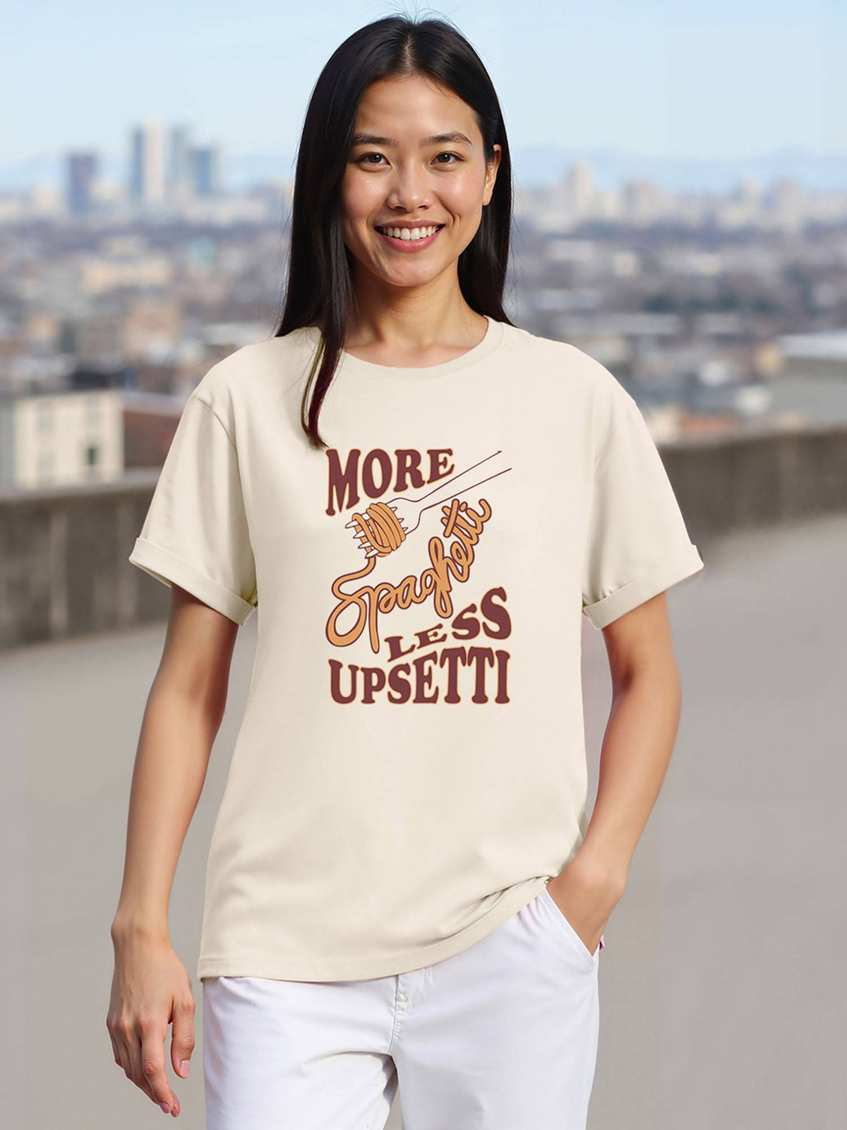 Women's Beige More Spaghetti Graphic Printed Boyfriend T-shirt | TS56 - view 1